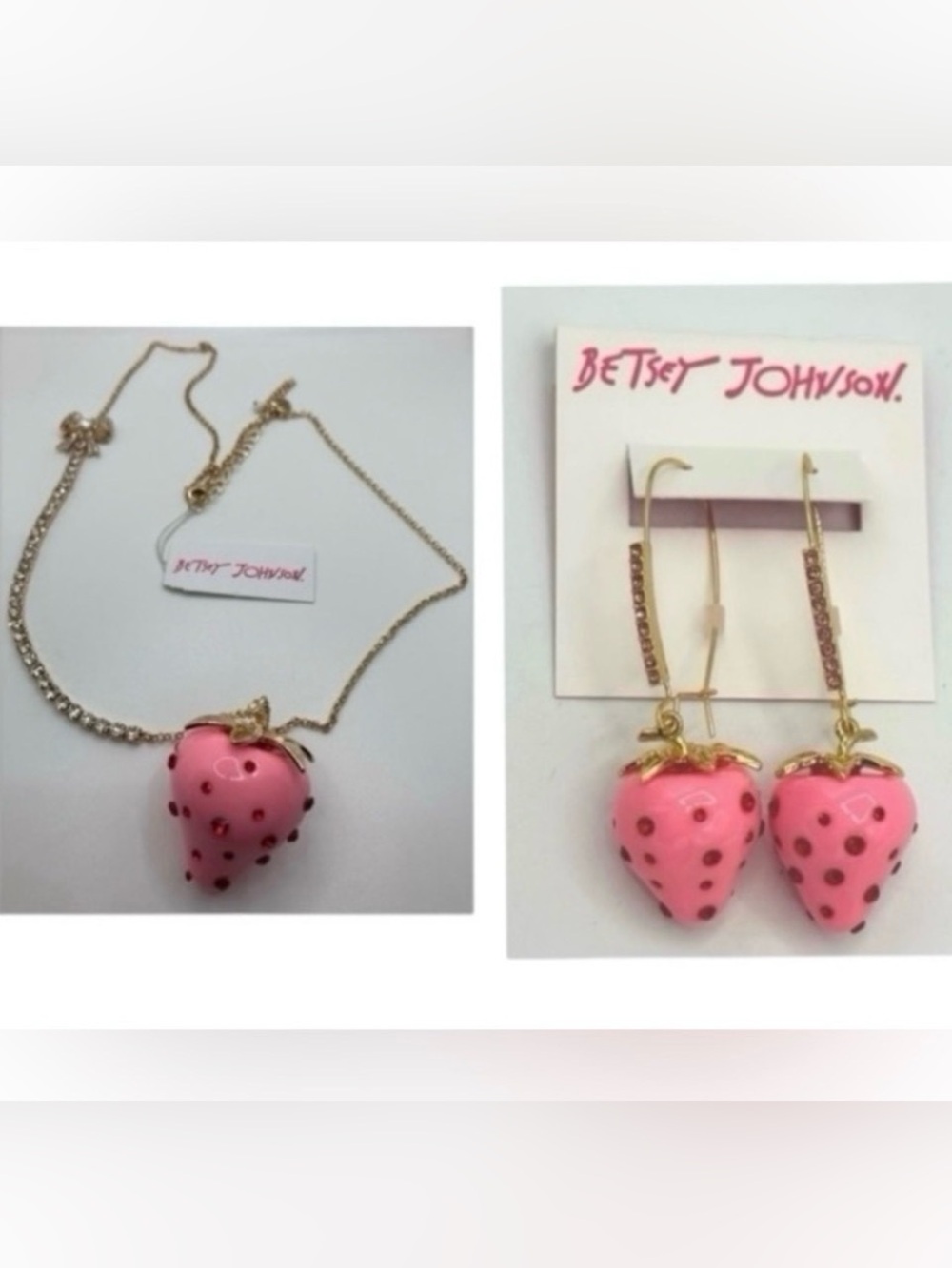 BETSEY JOHNSON SET Enamel & Crystals Pink Strawberry Necklace & Earrings NEW NWT